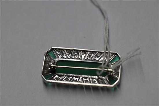 An Art Deco platinum?, chrysophase, SYNTHETIC? emerald and diamond millegrain set octagonal brooch, gross weight 10.3 grams.